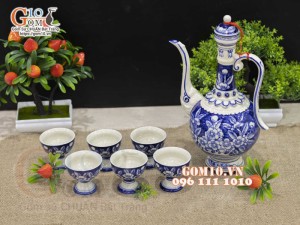 Bộ rượu to vẽ đại thanh, cảnh hoa đào, cao 27cm