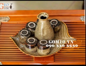 Bộ sake đĩa lá men gấm vàng 