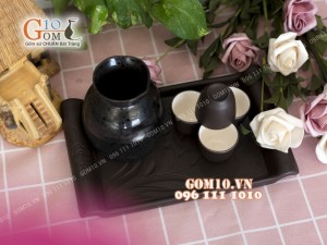 Bộ sake rượu, khay chữ nhật - chén lòng trắng 330ml