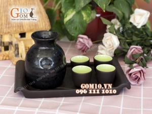 Bộ sake rượu, khay chữ nhật - chén lòng xanh 330ml