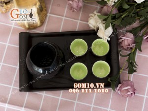 Bộ sake rượu, khay chữ nhật - chén lòng xanh 330ml