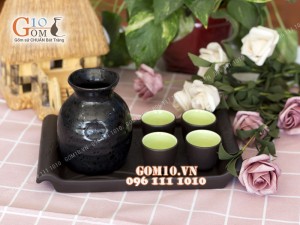 Bộ sake rượu, khay chữ nhật - chén lòng xanh 330ml