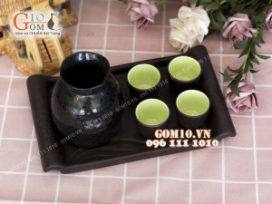 Bộ sake rượu, khay chữ nhật - chén lòng xanh 330ml