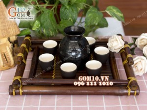 Bộ sake rượu khay tre- chén lòng trắng 330ml