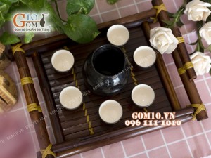 Bộ sake rượu khay tre- chén lòng trắng 330ml