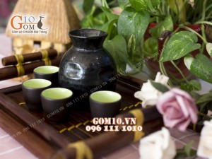 Bộ sake rượu khay tre- chén lòng xanh 330ml