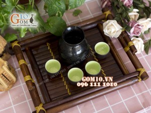 Bộ sake rượu khay tre- chén lòng xanh 330ml