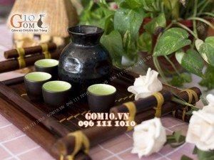Bộ sake rượu khay tre- chén lòng xanh 330ml