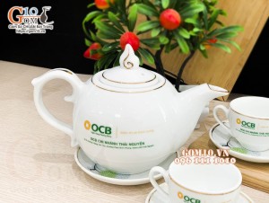 Bộ sản phẩm gốm sứ quà tặng in logo ngân hàng OCB