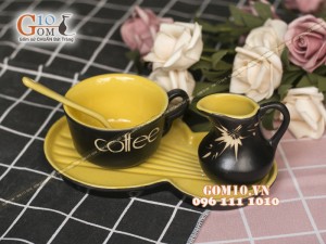 Bộ tách trà cà phê men gốm, lòng vàng