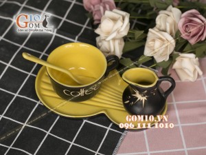 Bộ tách trà cà phê men gốm, lòng vàng