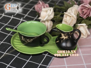 Bộ tách trà cà phê men gốm, lòng xanh