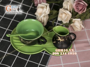 Bộ tách trà cà phê men gốm, lòng xanh