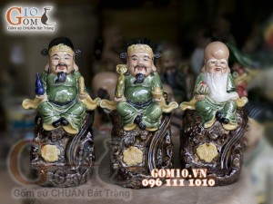 Bộ tam đa Phúc Lộc Thọ men ngọc đốt trầm, cao 34cm