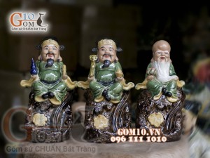 Bộ tam đa Phúc Lộc Thọ men ngọc đốt trầm, cao 34cm