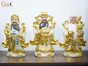 Bộ Tam Đa Phúc Lộc Thọ men rạn cổ đắp nổi dát vàng, cao 52cm