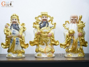 Bộ Tam Đa Phúc Lộc Thọ men rạn cổ đắp nổi dát vàng, cao 52cm