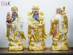 Bộ Tam Đa Phúc Lộc Thọ men rạn cổ đắp nổi dát vàng, cao 72cm
