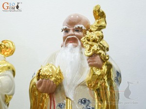 Bộ Tam Đa Phúc Lộc Thọ men rạn cổ đắp nổi dát vàng, cao 72cm