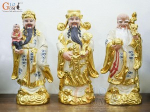 Bộ Tam Đa Phúc Lộc Thọ men rạn cổ đắp nổi dát vàng, cao 72cm