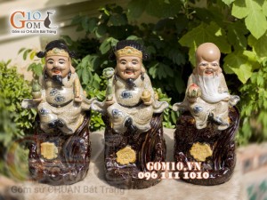 Bộ tam đa Phúc Lộc Thọ men rạn đốt trầm, cao 34cm