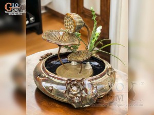 Bộ thác nước phong thủy men hỏa biến gấm vàng 2 lá, cao 35cm