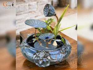 Bộ thác nước phong thủy men hỏa biến xanh đá 2 lá, cao 35cm