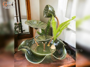Bộ thác nước phong thủy men xanh 2 lá, cao 35cm