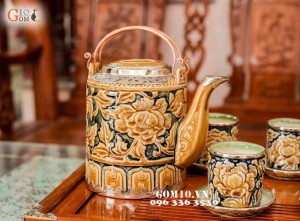 Bộ tích Khắc Nổi Hoa Phù Dung Bọc Đồng Đầy Đủ Phụ Kiện