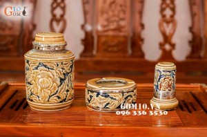 Bộ tích Khắc Nổi Hoa Phù Dung Bọc Đồng Đầy Đủ Phụ Kiện