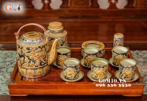 Bộ tích Khắc Nổi Hoa Phù Dung Bọc Đồng Đầy Đủ Phụ Kiện