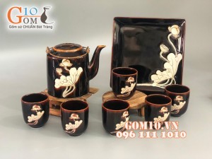 Bộ tích men hỏa biến khắc sen 1000ml, khay vuông