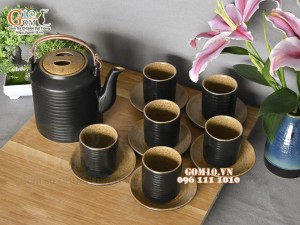 Bộ tích men gốm vàng quai đồng 1,25L