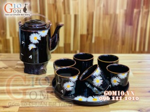 Bộ tích men hỏa biến khắc Cúc Họa Mi 1,5L, Khay tròn