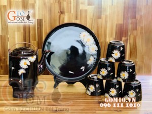 Bộ tích men hỏa biến khắc Cúc Họa Mi 1,5L, Khay tròn