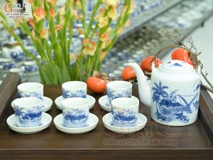 Bộ tích men lam cổ cảnh Làng Quê, dung tích 750ml