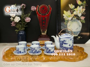 Bộ tích men lam cổ vẽ cảnh Sơn Thủy - 800ml