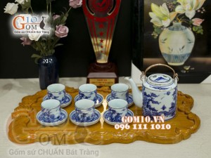 Bộ tích men lam cổ vẽ cảnh Sơn Thủy kẻ chỉ vàng - 1,5l