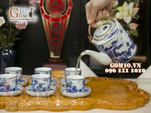 Bộ tích men lam cổ vẽ cảnh Sơn Thủy kẻ chỉ vàng - 1,5l