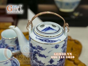 Bộ tích men lam cổ vẽ cảnh Sơn Thủy kẻ chỉ vàng - 1,5l