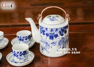 Bộ tích men lam cổ vẽ sen 1.5 lít