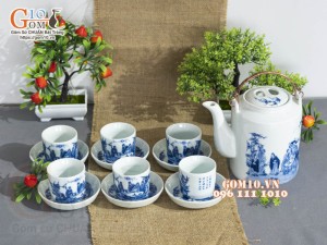 Bộ tích men lam vẽ Trúc Lâm Thất Hiền 1,5L