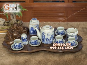 Bộ tích men lam vẽ trúc lâm thất hiền chỉ vàng kim (800ml) - đầy đủ phụ kiện