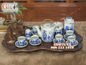 Bộ tích men lam vẽ trúc lâm thất hiền chỉ vàng kim (800ml) - đầy đủ phụ kiện