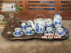 Bộ tích men lam vẽ trúc lâm thất hiền chỉ vàng kim (800ml) - đầy đủ phụ kiện