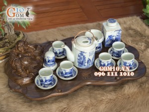 Bộ tích men lam vẽ trúc lâm thất hiền chỉ vàng kim (800ml) - đầy đủ phụ kiện