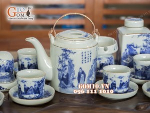 Bộ tích men lam vẽ trúc lâm thất hiền chỉ vàng kim (800ml) - đầy đủ phụ kiện