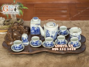 Bộ tích men lam vẽ trúc lâm thất hiền chỉ vàng kim (800ml) - đầy đủ phụ kiện