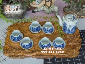 Bộ tích men lam vẽ trúc lâm thất hiền chỉ vàng kim 1,5 Lít