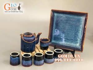 Bộ tích mini 500ml men xanh đá, khay vuông 